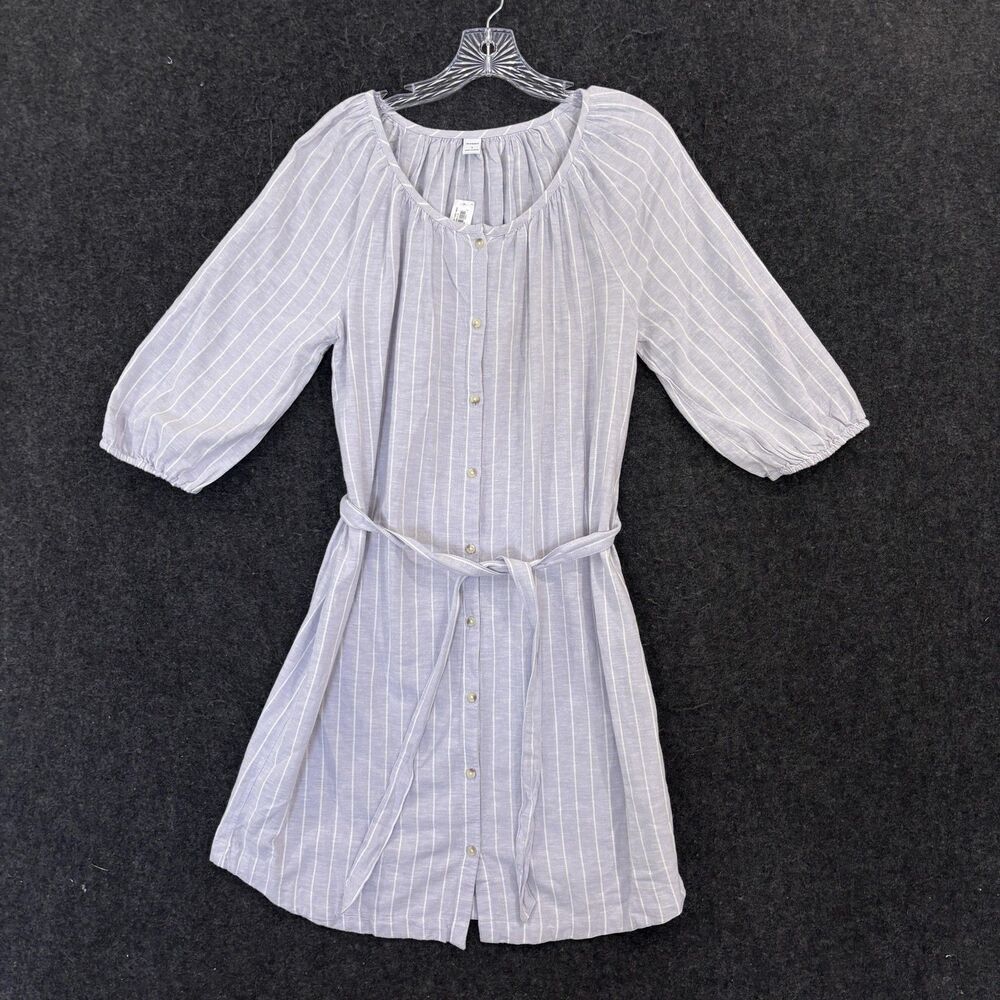 Old Navy Dress Women's Small Blue Striped Belted Shirt Button Front 3/4 Sleeve